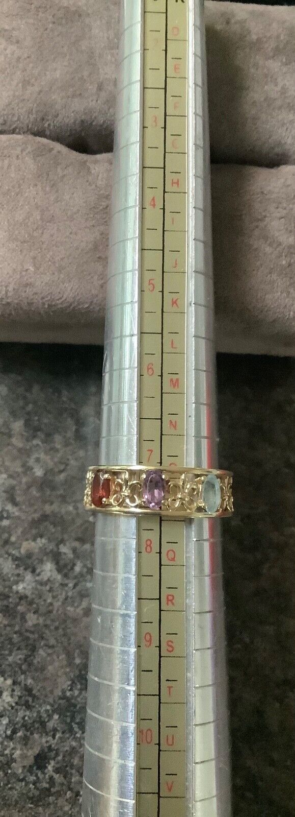 9ct amethyst garnet blue topaz fleur-de-lys cutout ring O-O1/2 yellow gold
