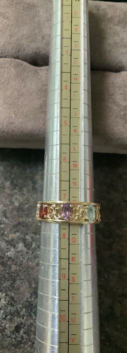 9ct amethyst garnet blue topaz fleur-de-lys cutout ring O-O1/2 yellow gold