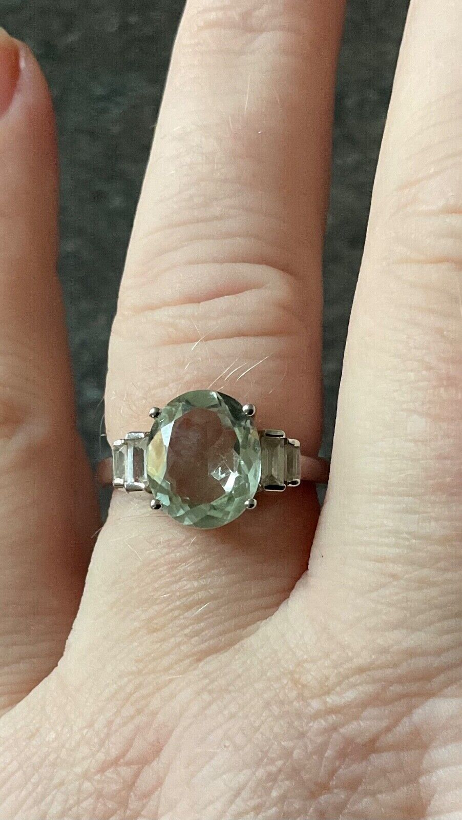 925 Green Amethyst & Zircon oval and baguette cut ring P1/2 sterling silver