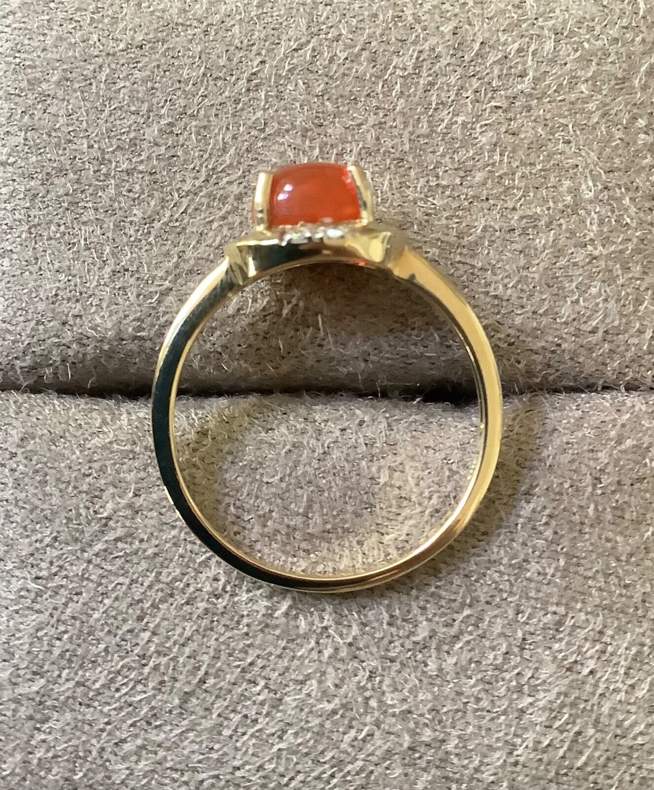 9ct fire opal cabochon and diamond ring size N1/2 yellow gold hallmarked
