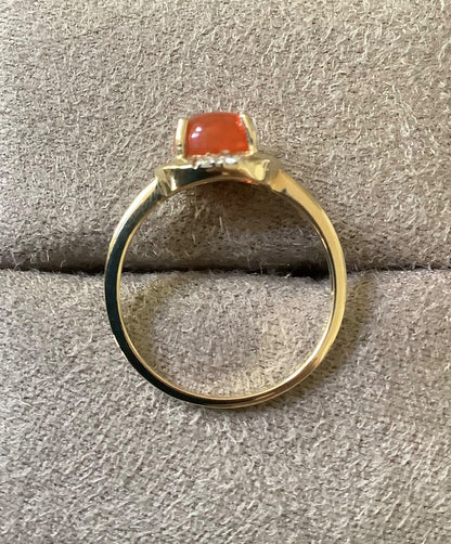 9ct fire opal cabochon and diamond ring size N1/2 yellow gold hallmarked