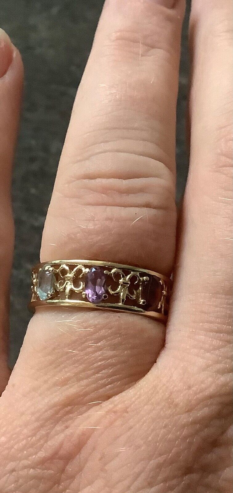 9ct amethyst garnet blue topaz fleur-de-lys cutout ring O-O1/2 yellow gold