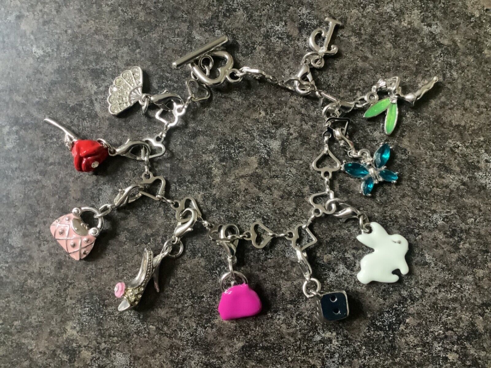 Silver tone heart link multi charm bracelet 10 detachable interchangeable charms