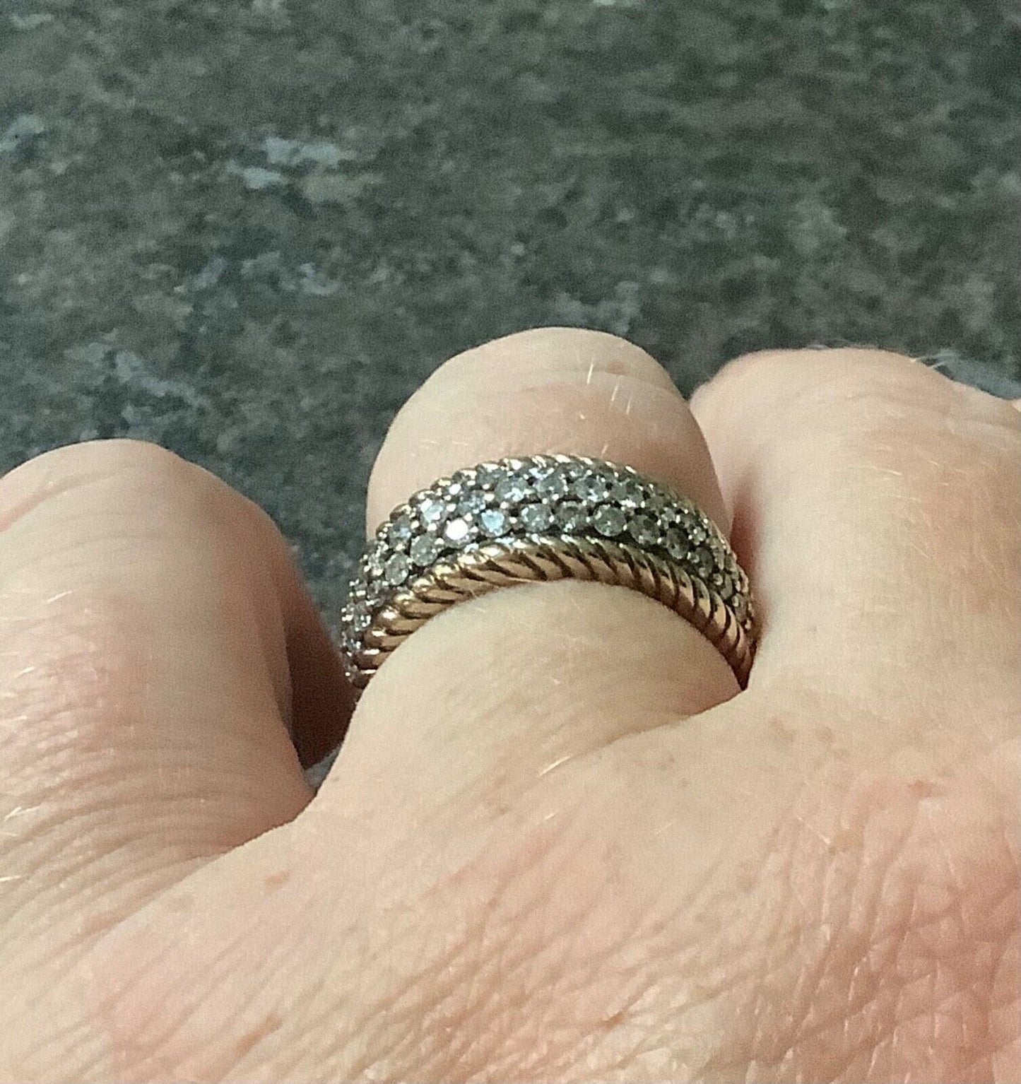 9ct gold diamond designer Sonia Bitton 3 row rope edge ring size N1/2-O 7.77g