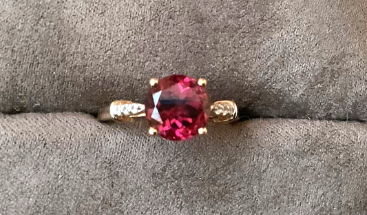 9ct pink tourmaline and white zircon ring size L-L1/2 yellow gold