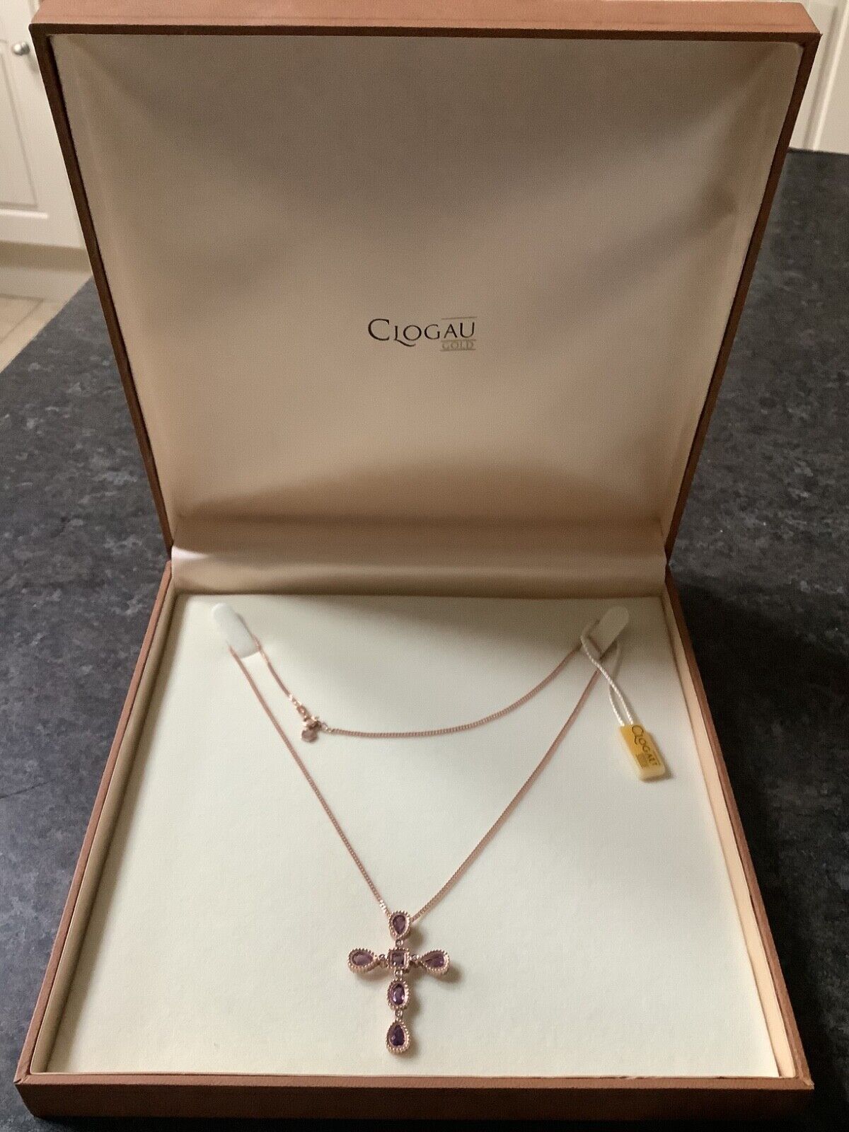 Clogau 9ct Amethyst and Diamond rose gold cross pendant necklace 18"