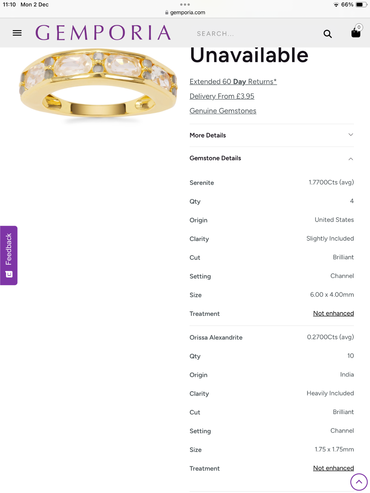 925 Serenite Ring with Orissa Alexandrite in Gold Plated Silver 2.04ct size P1/2