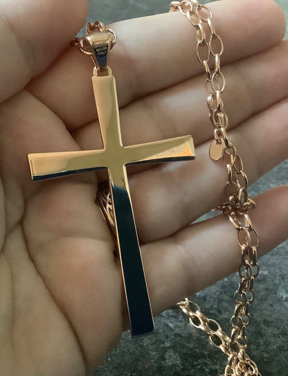 BRONZE MILOR ITALY Large cross pendant on 31" belcher chain rose gold tone