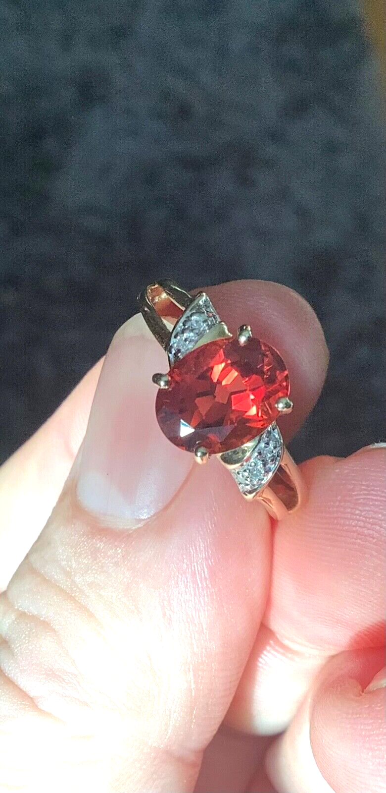 9ct red gemstone and diamond ring size N yellow gold