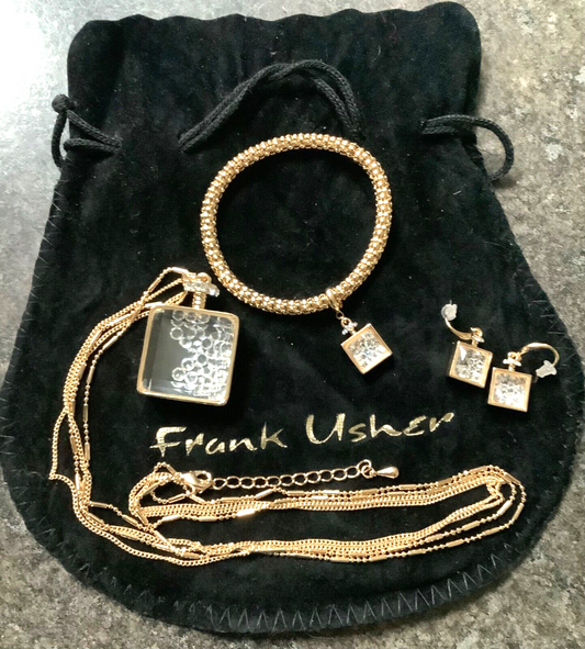 FRANK USHER perfume bottle crystal filled necklace bracelet & earrings set gold