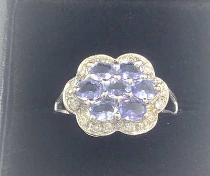 9ct tanzanite and natural diamond white gold halo cluster ring size M1/2