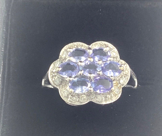 9ct tanzanite and natural diamond white gold halo cluster ring size M1/2