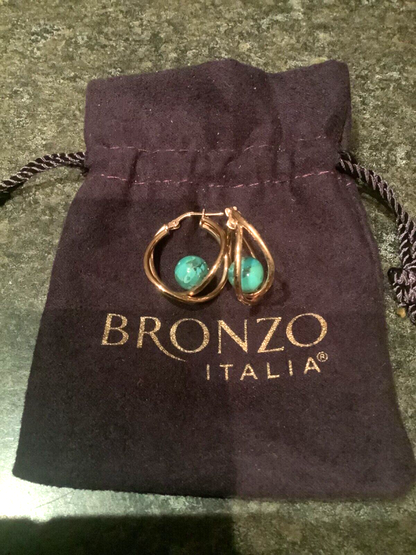 BRONZE MILOR ITALY turquoise colour stone cross over hoop earrings