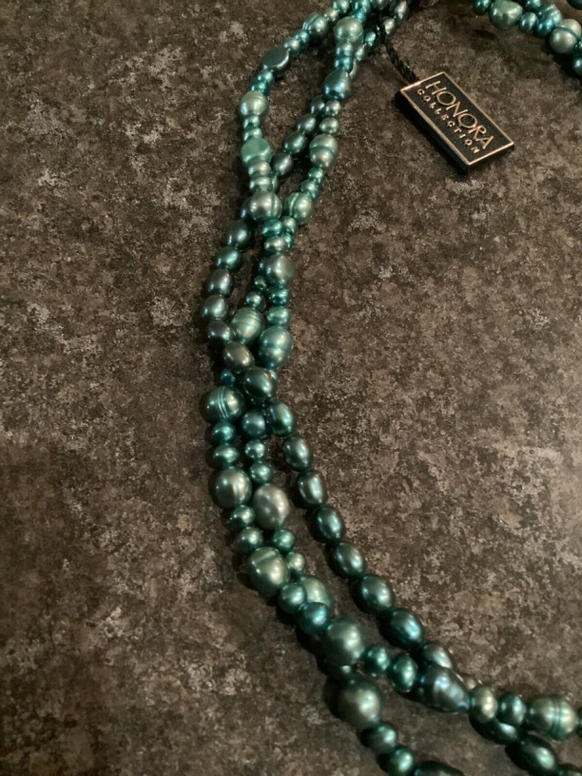 Honora Pearls 3 row cultured pearl necklace with silver clasp 17.5" green