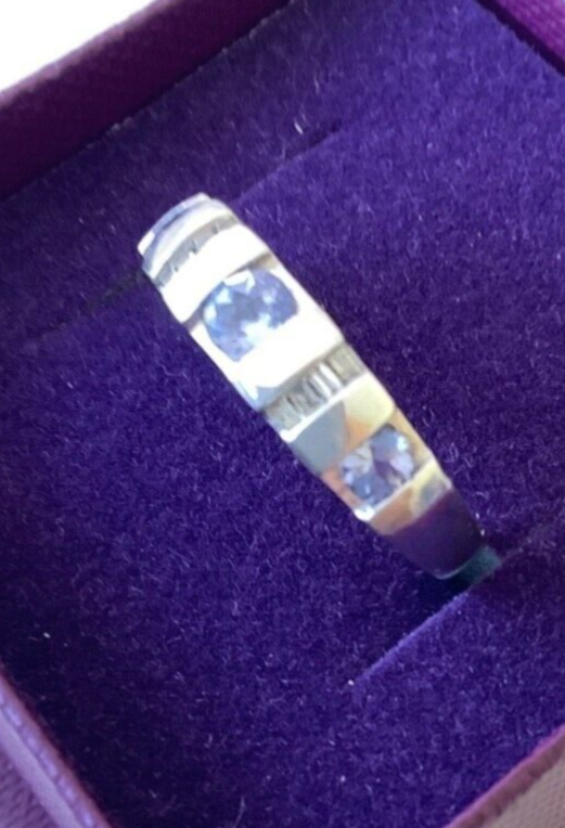 9ct Tanzanite and natural baguette diamond white gold band ring size L