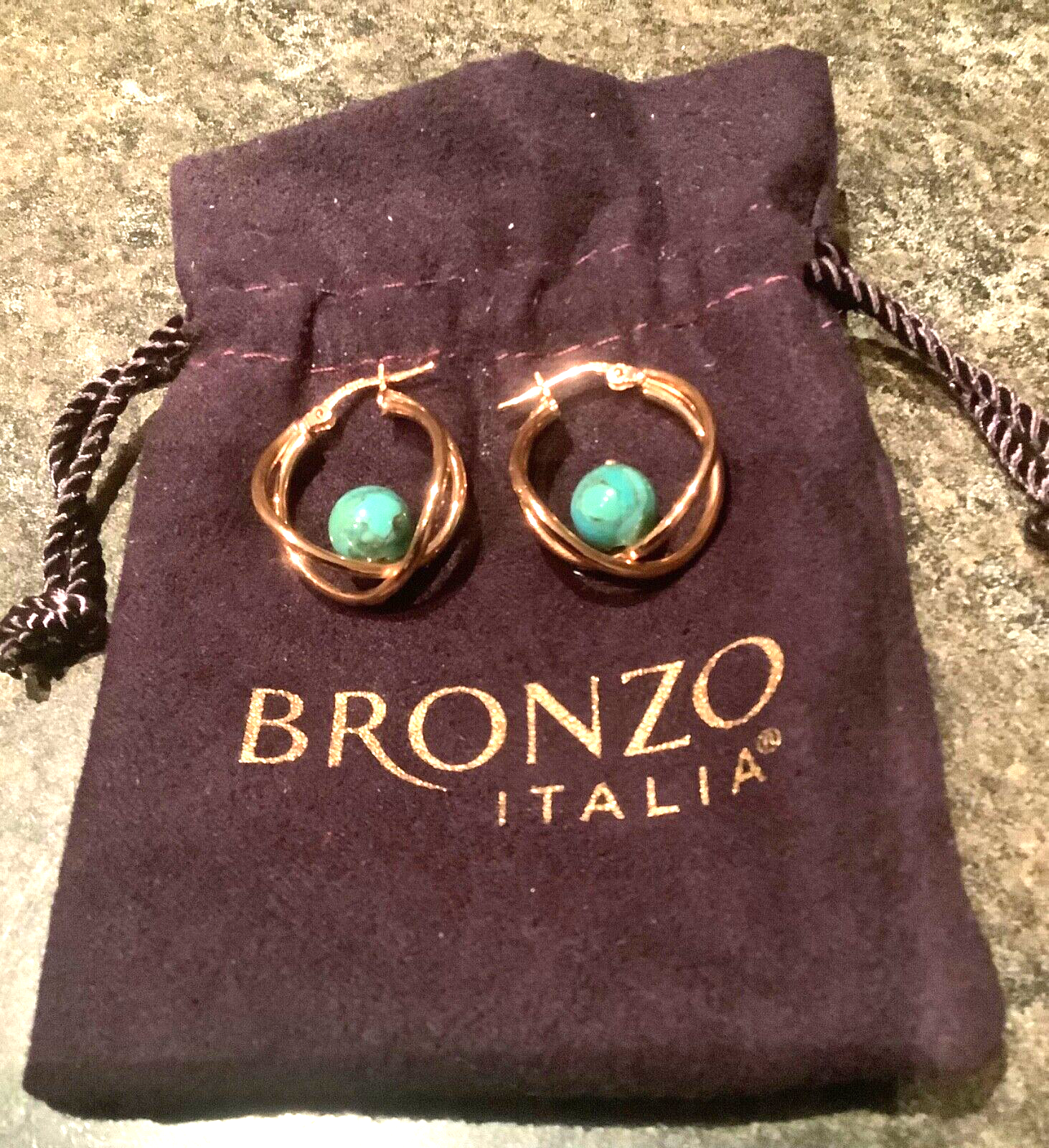 BRONZE MILOR ITALY turquoise colour stone cross over hoop earrings