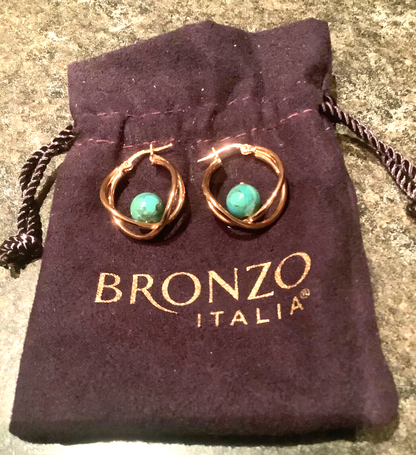 BRONZE MILOR ITALY turquoise colour stone cross over hoop earrings