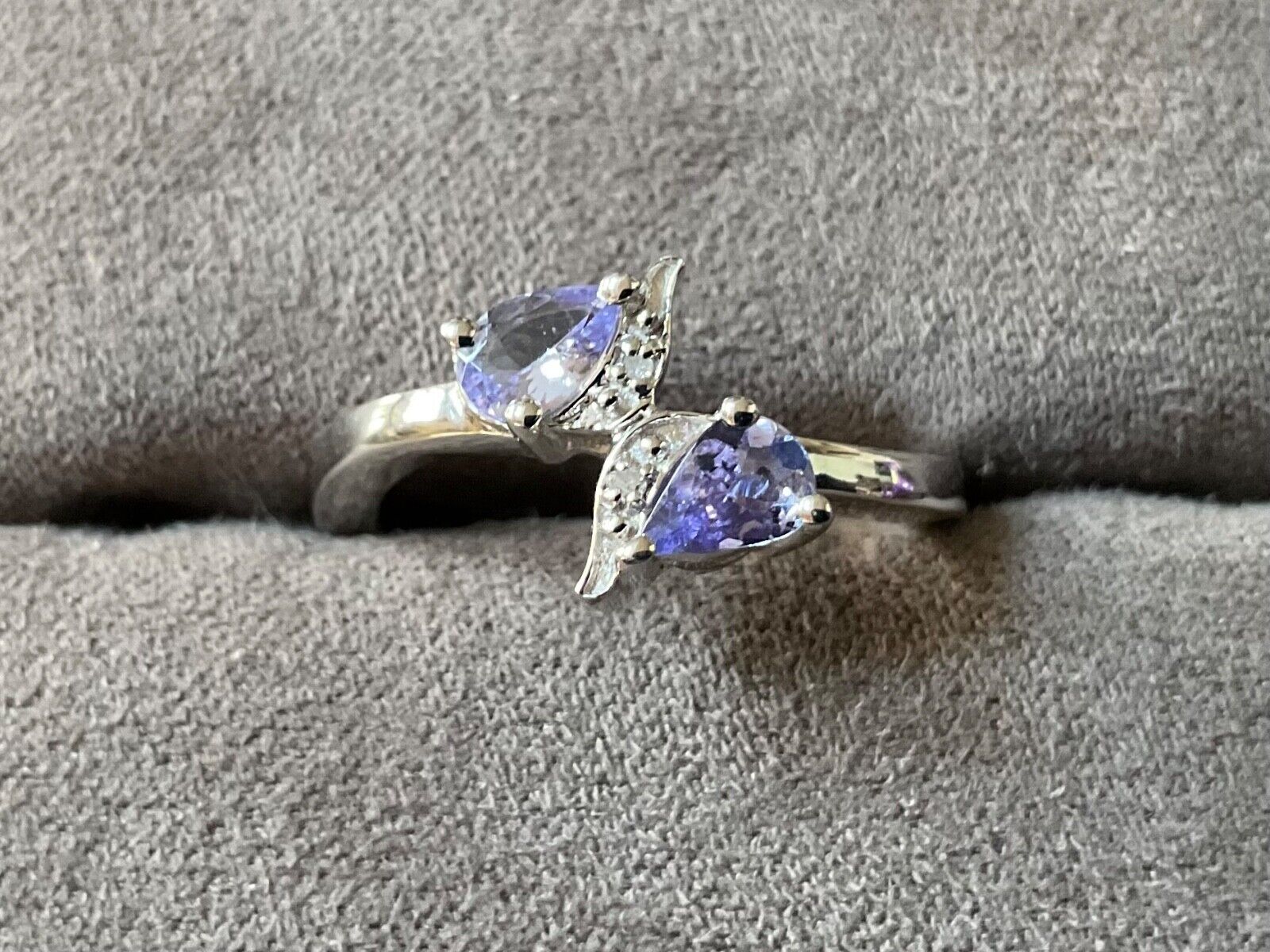 925 Tanzanite and Diamond pear cut bypass ring size Q sterling silver