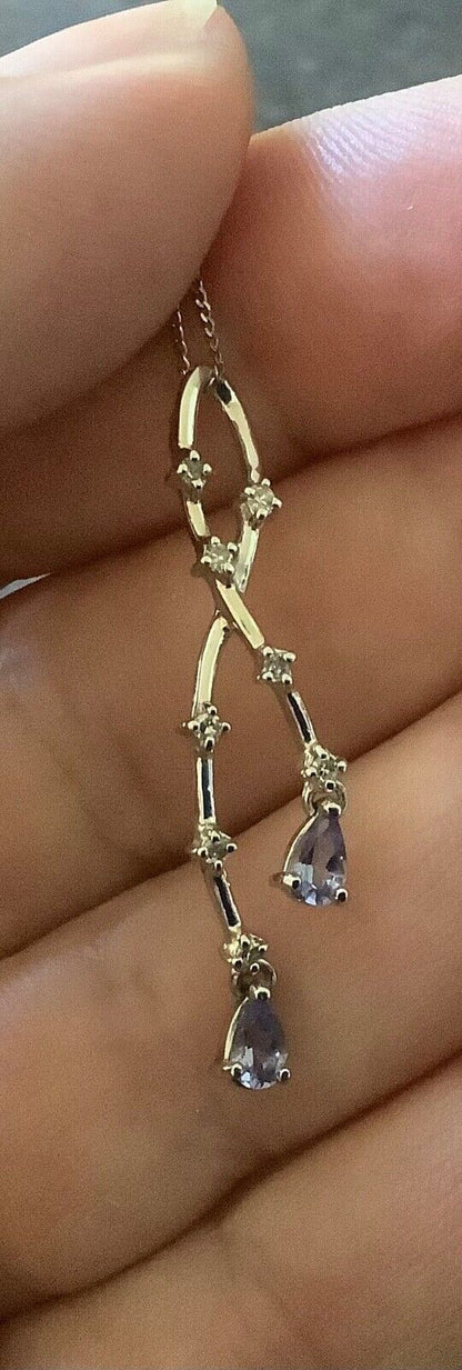 9ct diamond and tanzanite ribbon drop pendant necklace white gold 18"