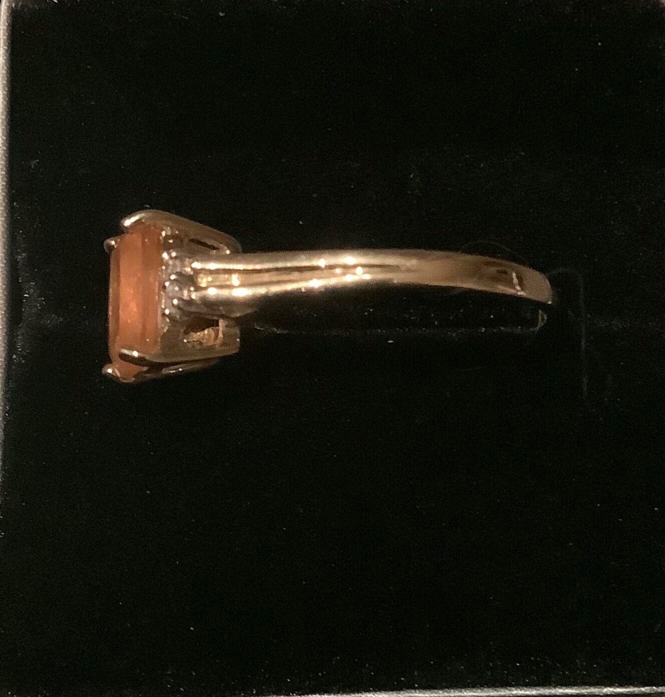 9ct pale orange gemstone ring with diamonds size N1/2 yellow gold