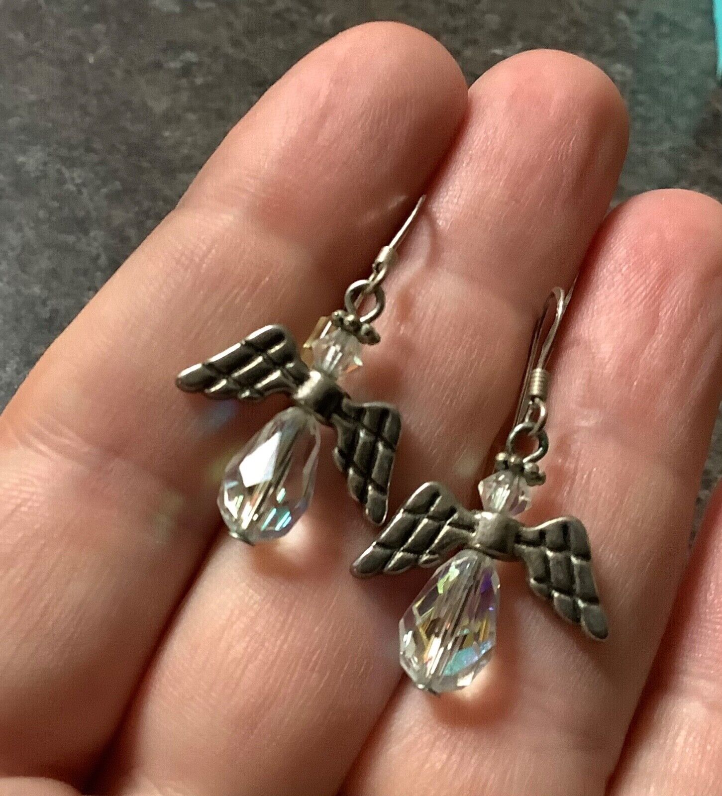 Guardian angel drop earrings with aurora borealis crystals and 925 silver hooks