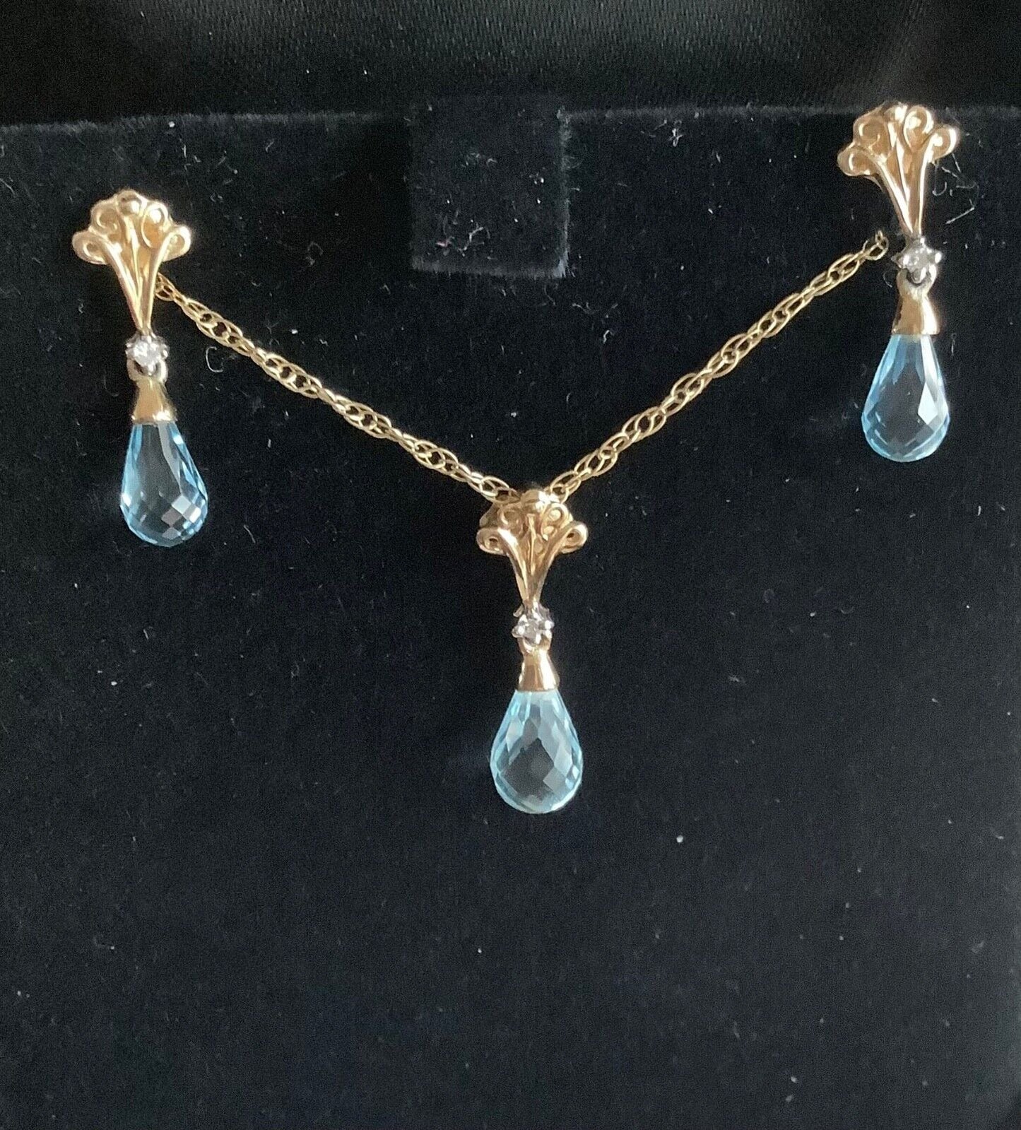 9ct aquamarine and diamond briolette cut earrings & 18” necklace set yellow gold