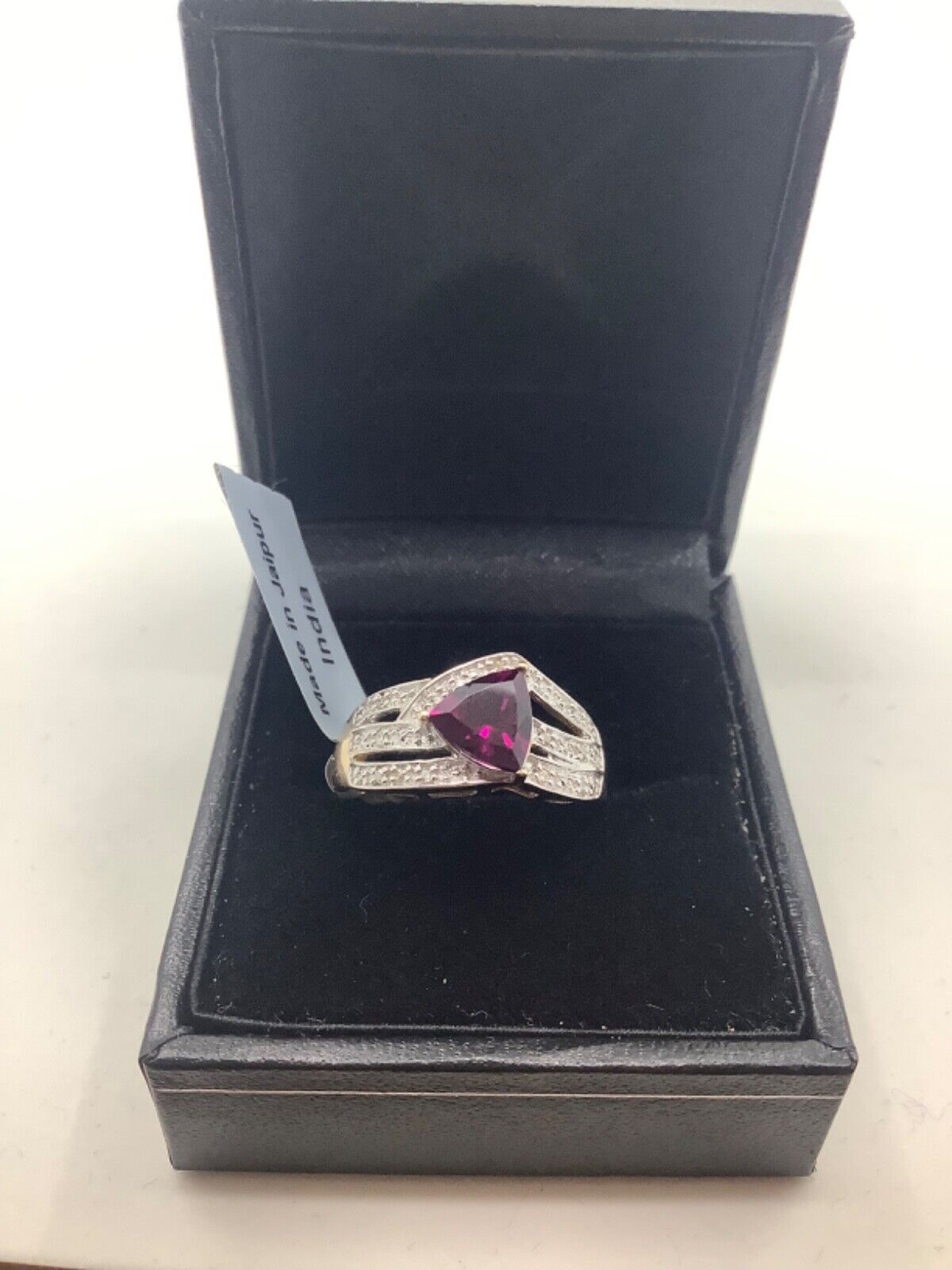 9ct natural rhodolite garnet & natural diamond yellow gold ring N1/2 hallmarked