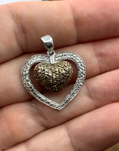 925 white and cognac diamond double heart pendant silver