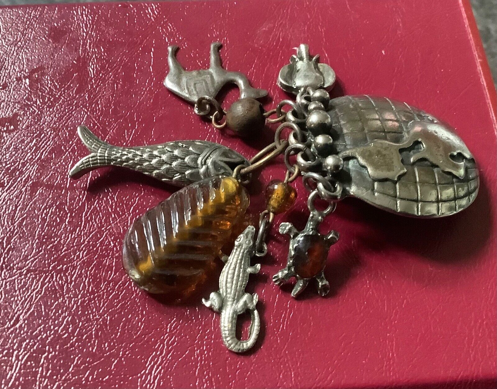 large vintage silver tone world globe earth clip earrings with dangling animals