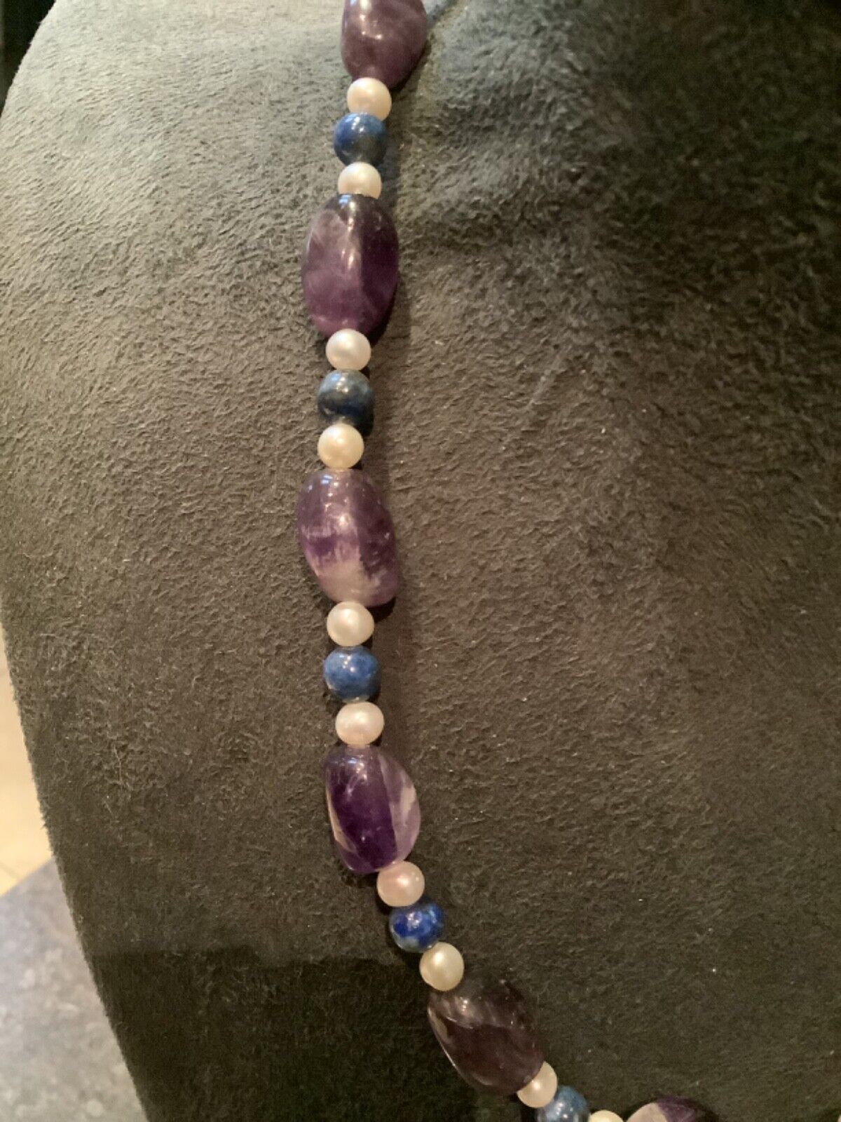 925 amethyst lapis lazuli and pearl bead necklace silver 18"