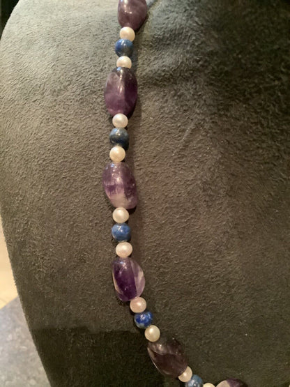 925 amethyst lapis lazuli and pearl bead necklace silver 18"