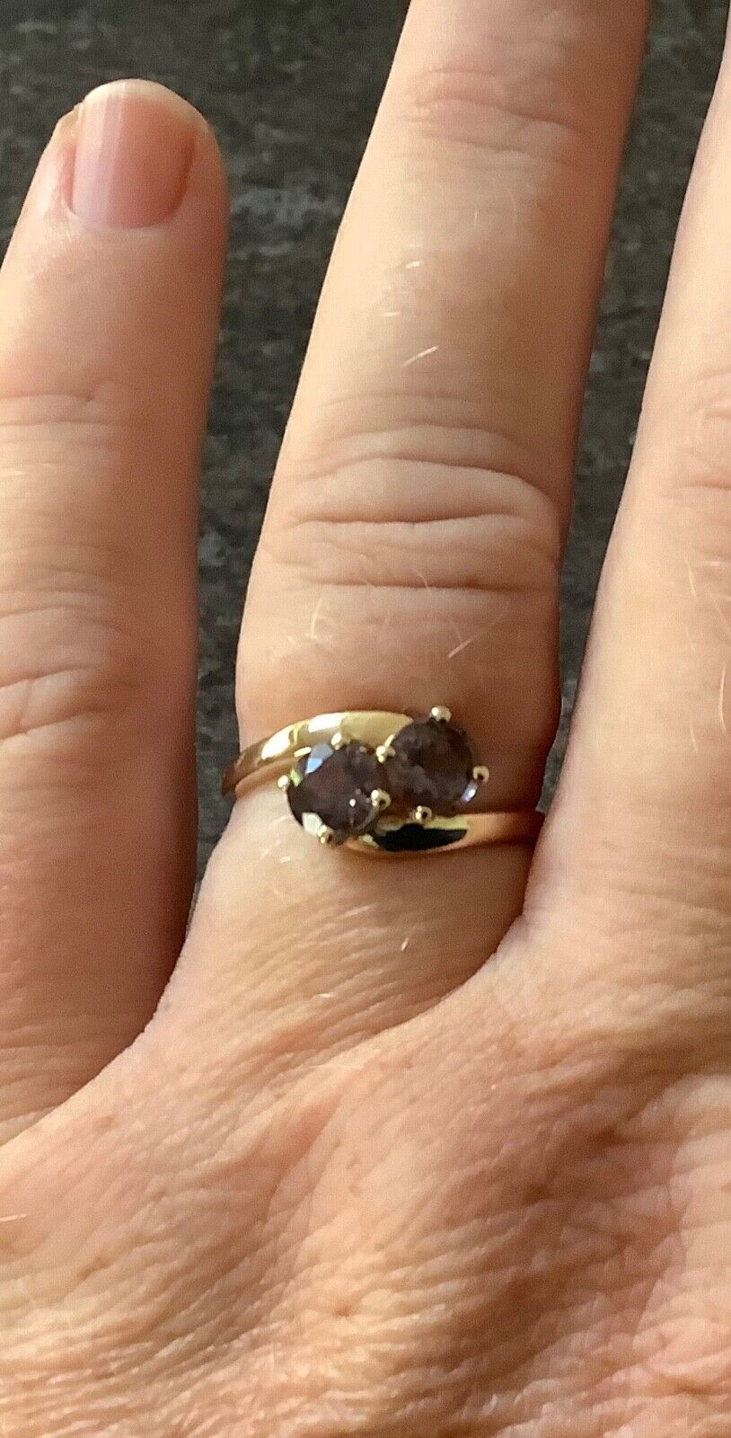 Stunning 9ct purple gemstone iolite? Toi et Moi ring size P yellow gold