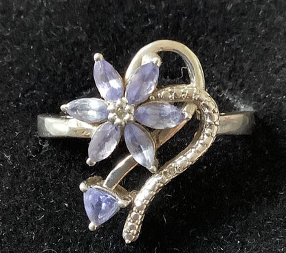 925 silver Natural tanzanite and diamond floral swirl ring size V