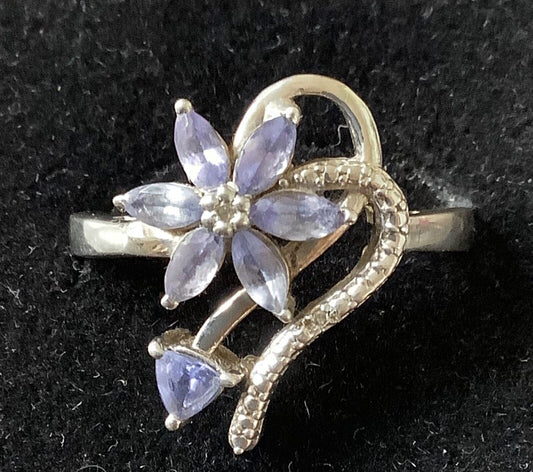 925 silver Natural tanzanite and diamond floral swirl ring size V