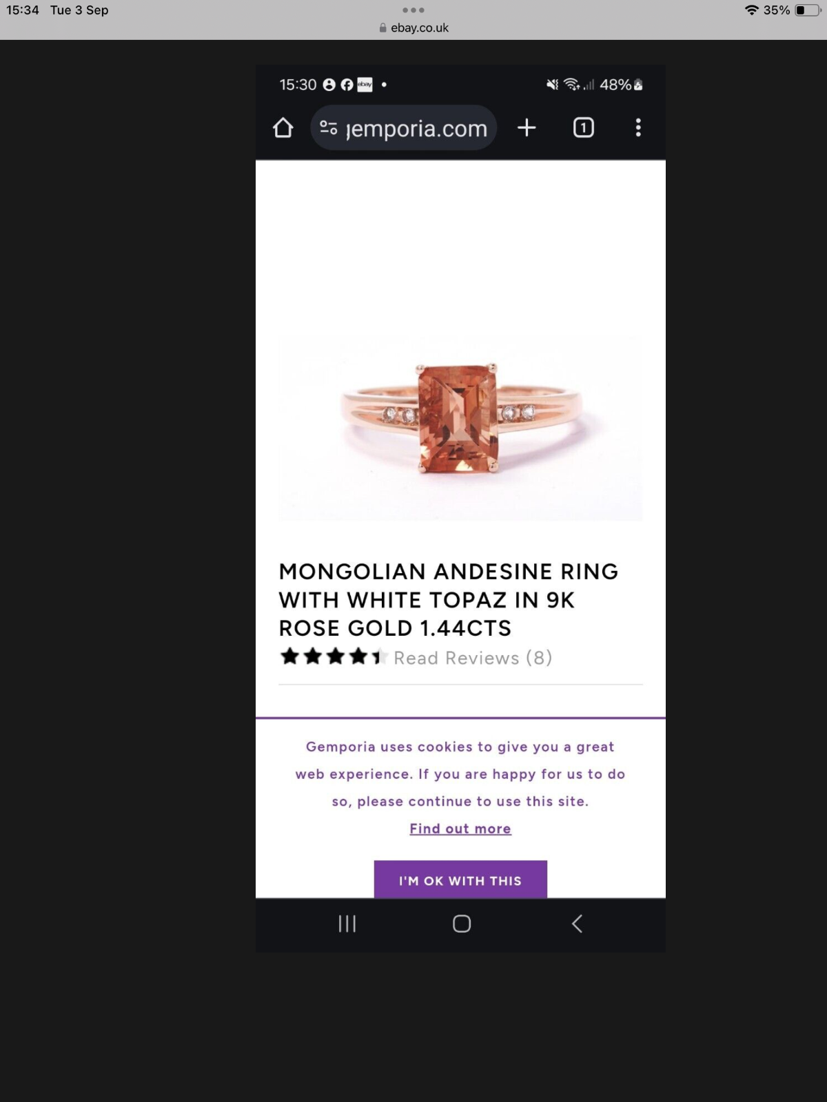 9K Mongolian Andesine and white topaz ring 1.44CTS size N1/2