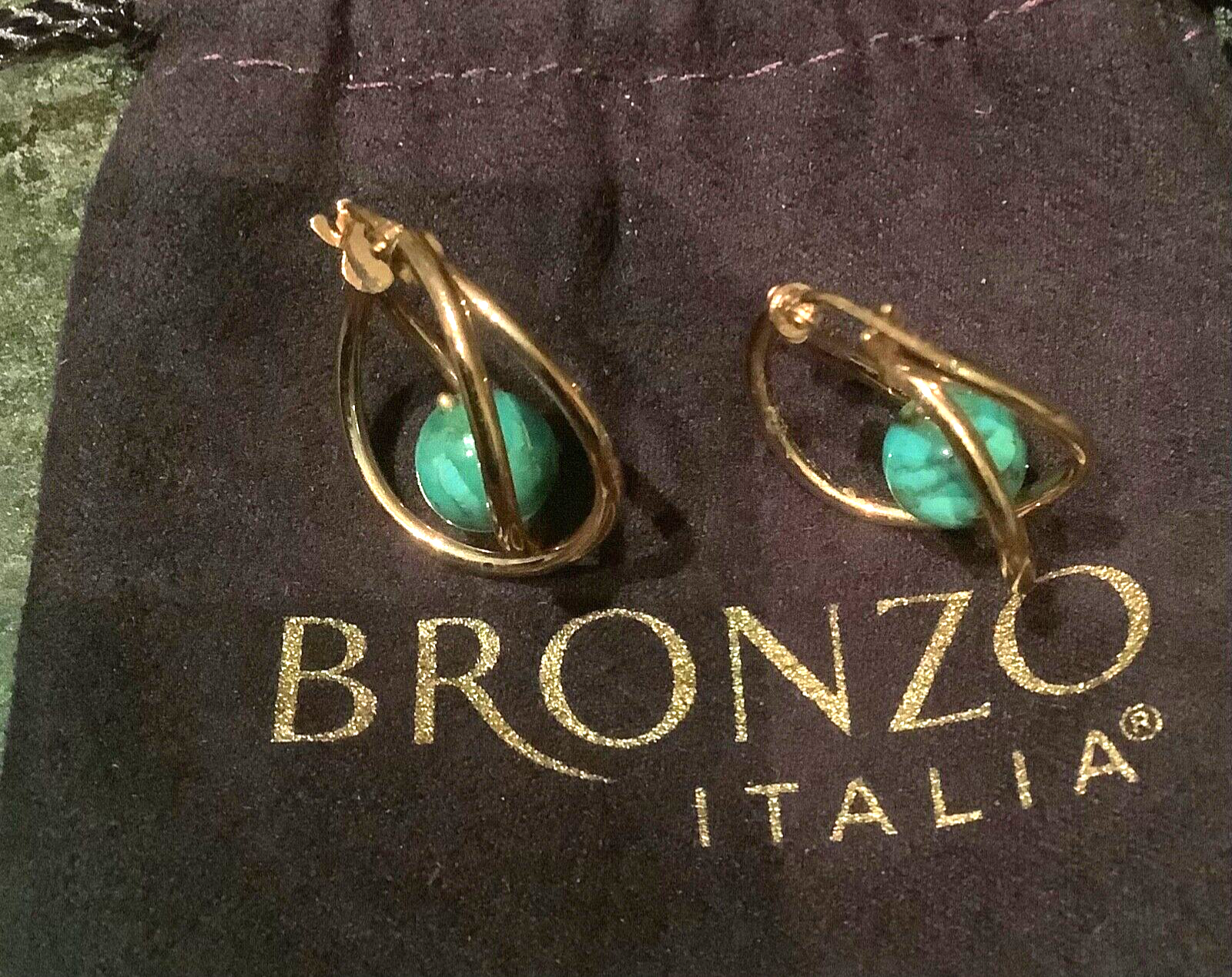 BRONZE MILOR ITALY turquoise colour stone cross over hoop earrings