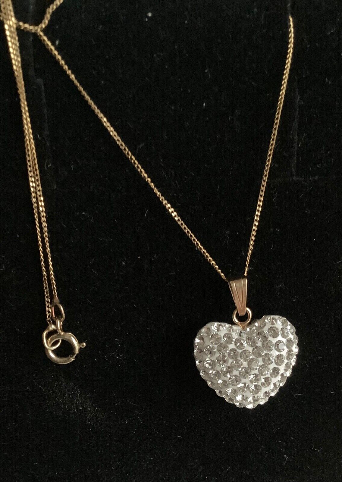 9ct 3D glitter crystal double sided heart pendant 9ct gold chain 18" NOT COSTUME