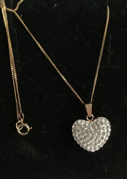 9ct 3D glitter crystal double sided heart pendant 9ct gold chain 18" NOT COSTUME