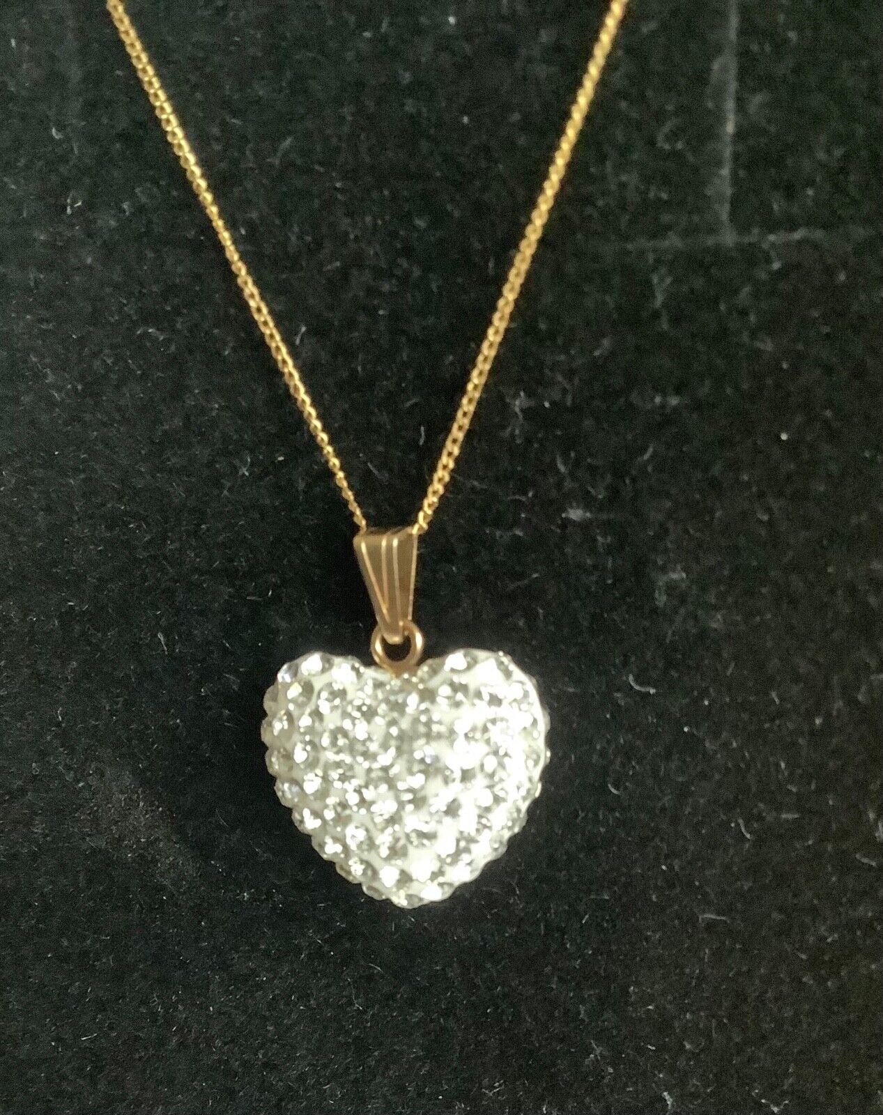 9ct 3D glitter crystal double sided heart pendant 9ct gold chain 18" NOT COSTUME
