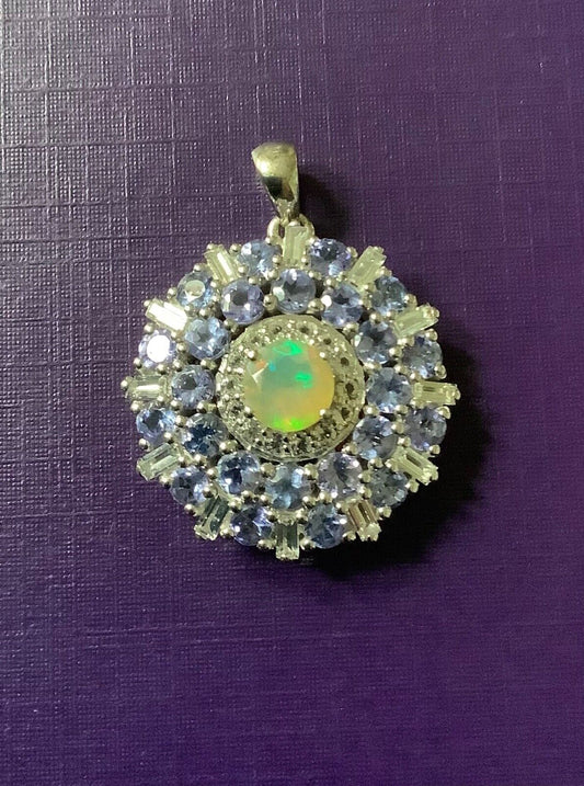 925 Tanzanite Opal and zircon cluster pendant 3x2.3cm sterling silver TGGC