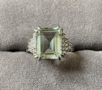 925 Green Amethyst & Zircon emerald cut & stepped shoulders ring R-R1/2 silver