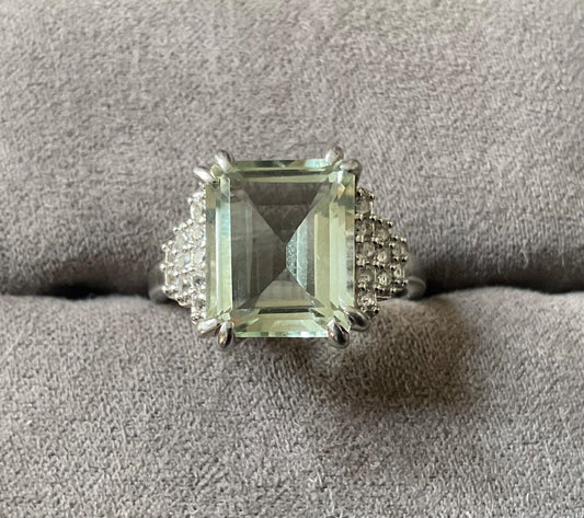 925 Green Amethyst & Zircon emerald cut & stepped shoulders ring R-R1/2 silver