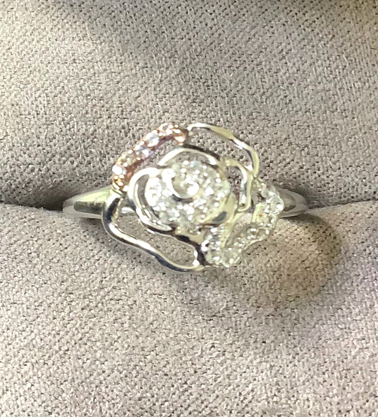 Clogau Royal Roses white topaz ring size N silver and rose gold