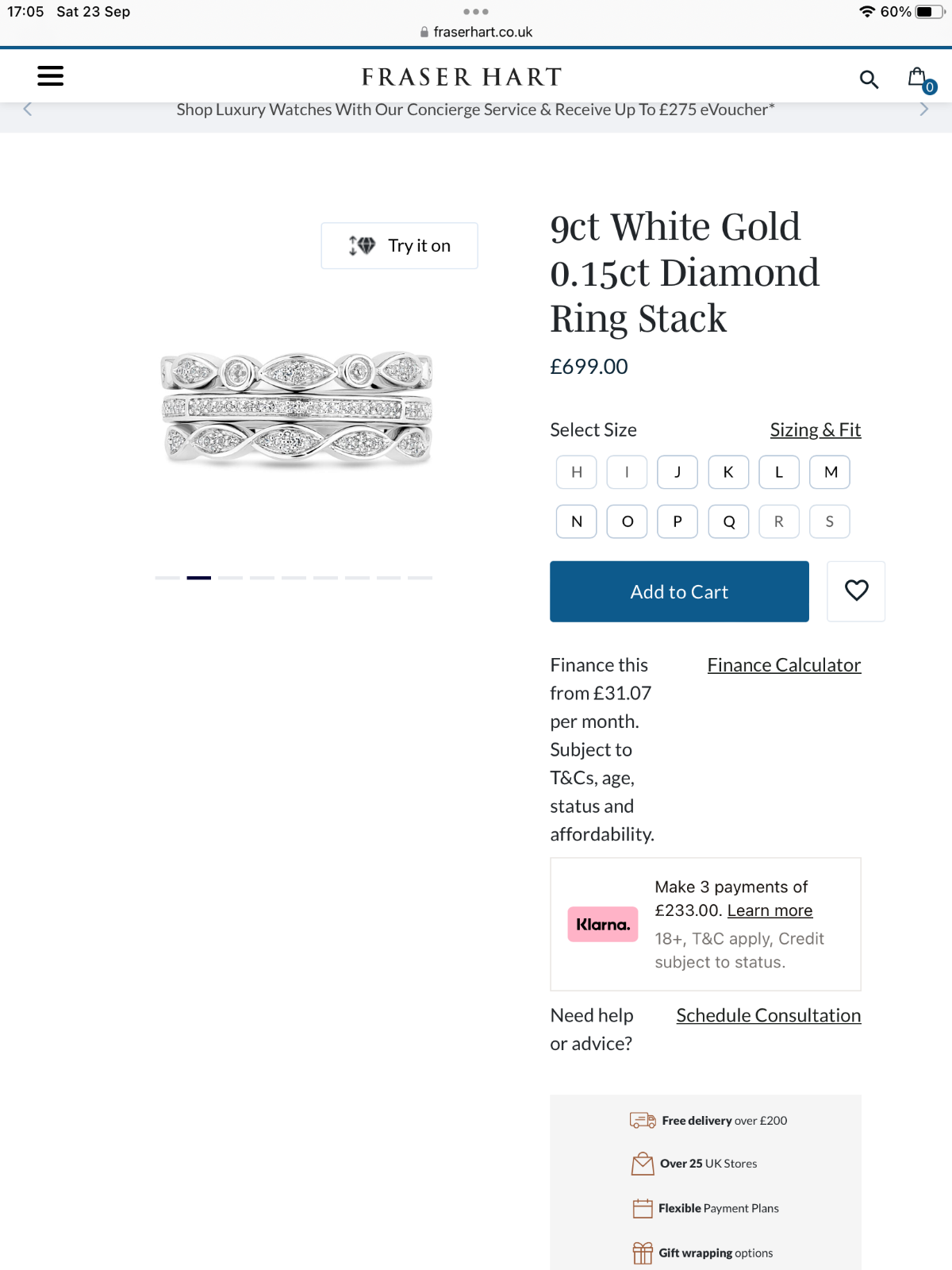 9ct white gold 0.15ct natural diamond 3 stacking rings size O1/2 - P RRP £699