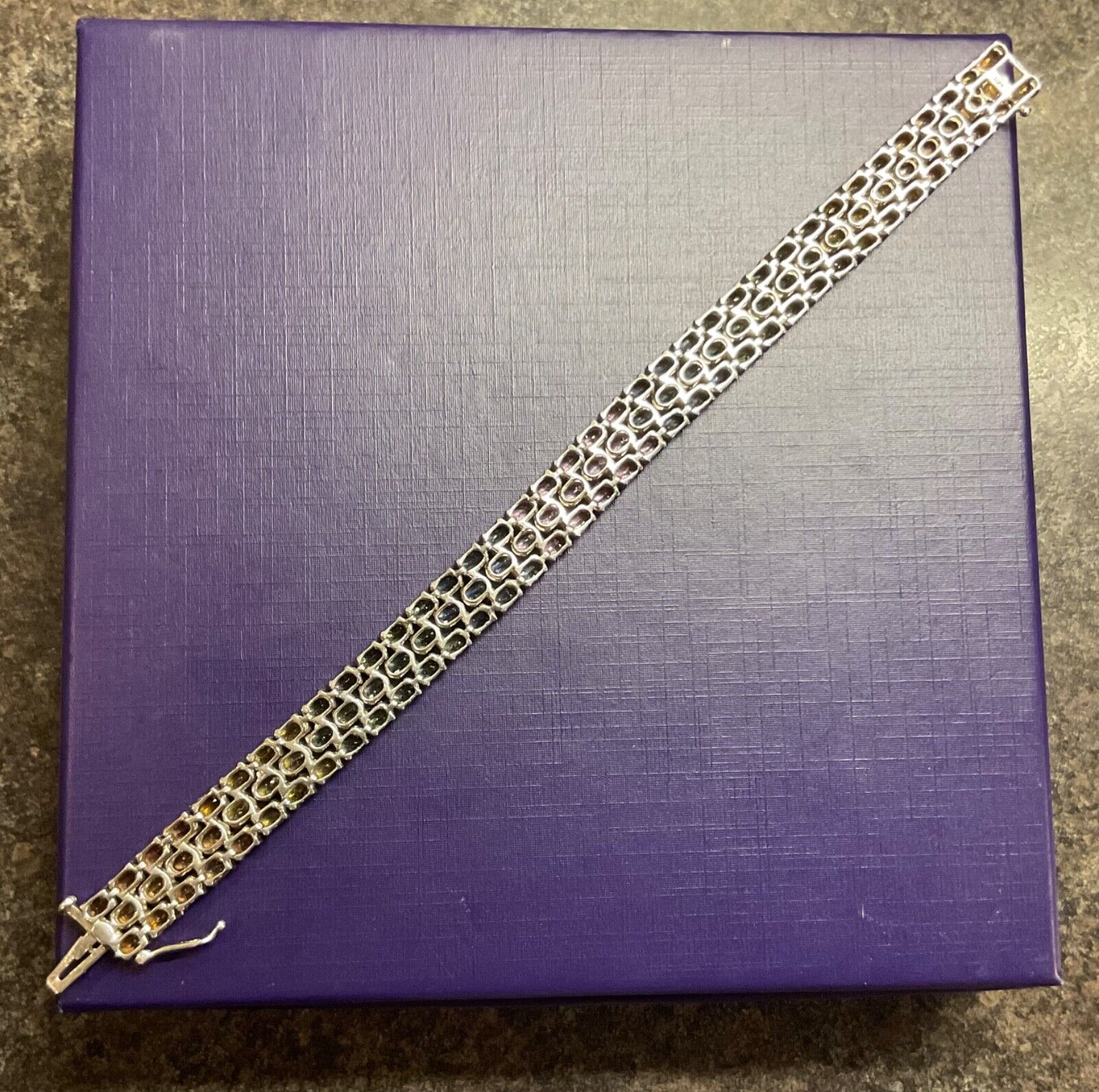 925 Rainbow Sapphire 3 row bracelet sterling silver TJC 19cm