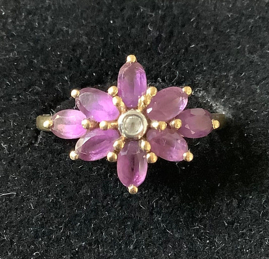 Amethyst and clear stone gold plated 925 silver floral ring T