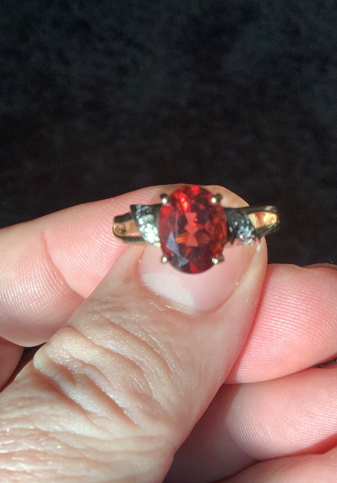 9ct red gemstone and diamond ring size N yellow gold