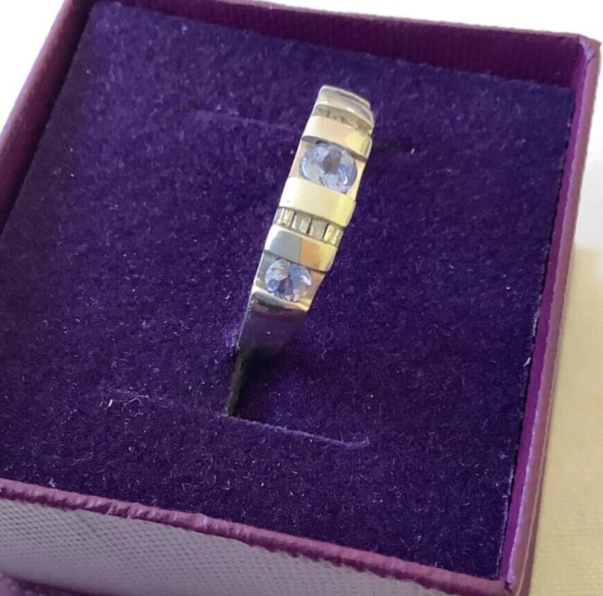 9ct Tanzanite and natural baguette diamond white gold band ring size L