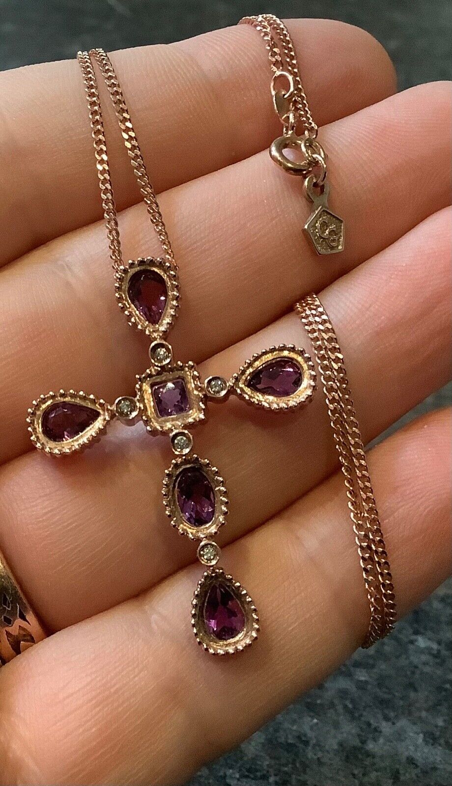 Clogau 9ct Amethyst and Diamond rose gold cross pendant necklace 18"