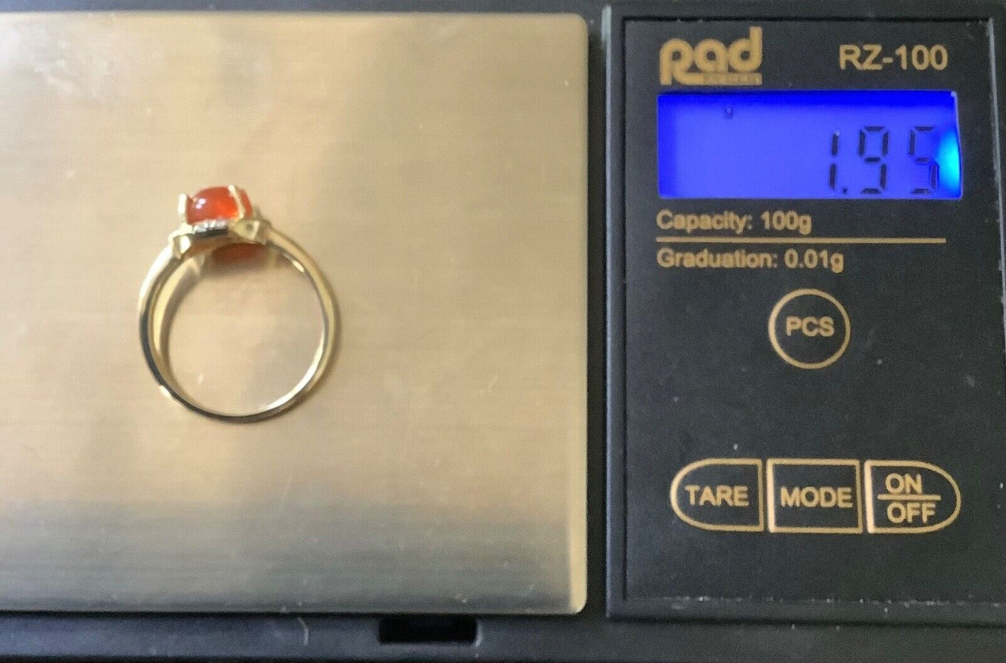 9ct fire opal cabochon and diamond ring size N1/2 yellow gold hallmarked